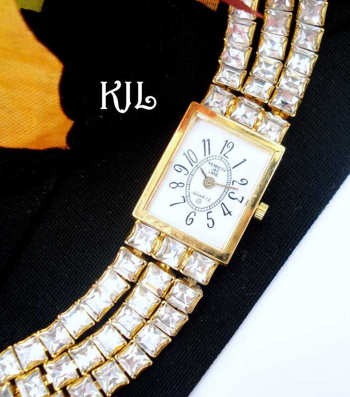 KJL KENNETH JAY LANE~Watch Bracelet Glitzy Rows Crystal Rhinestones New Battery