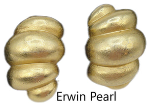 ERWIN PEARL Earrings Puff Hoop Croissant Clip On Gold Tone 1 1/4"