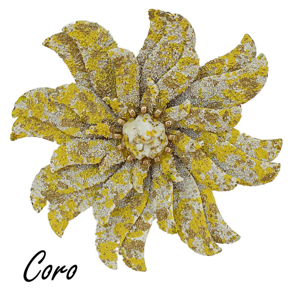 Coro 2 3/4" Brooch Layered Yellow White Textured Enamel Glass Nugget