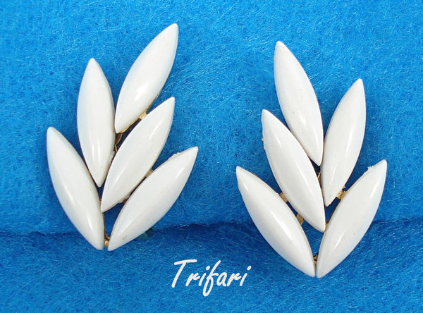 Trifari 1" Earrings Clip On Gold Tone Chalk White 15x4mm Marquise Cabochons