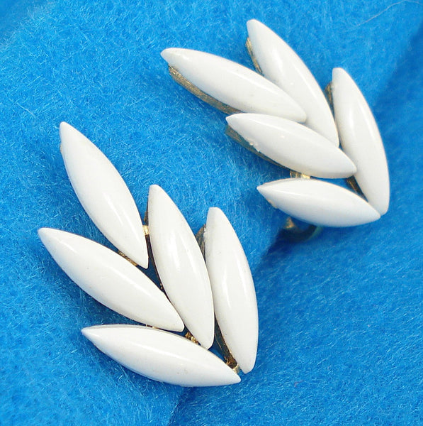 Trifari 1" Earrings Clip On Gold Tone Chalk White 15x4mm Marquise Cabochons
