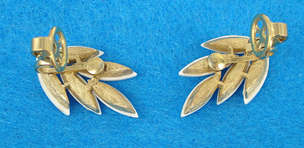 Trifari 1" Earrings Clip On Gold Tone Chalk White 15x4mm Marquise Cabochons