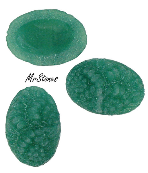 25x18mm Glass Green Jade Floral Molded Oval Concave Back