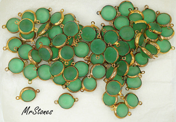 11mm (LINK) (48ss) Bezel Set Gold Tone Setting Peridot Frosted Round Connector 2/$1.00