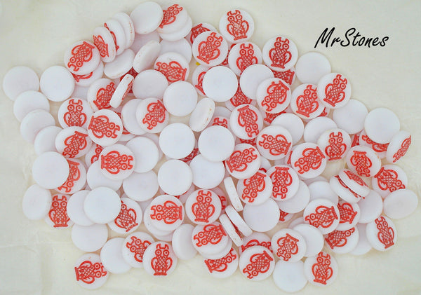 11mm (2194) White with Indented Red Owl Round Disc Cabochon 2.8mm Thick
