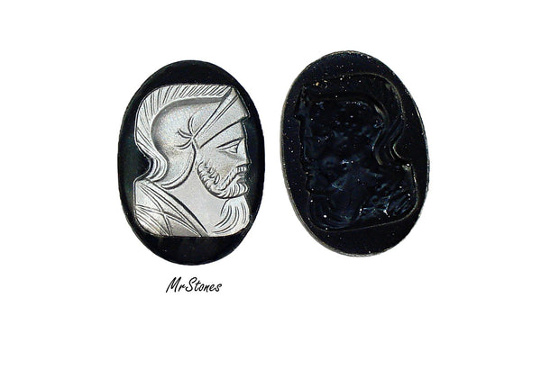 25x18mm Silver Warrior Cameo Intaglio on Black Oval Cabochon Right Facing