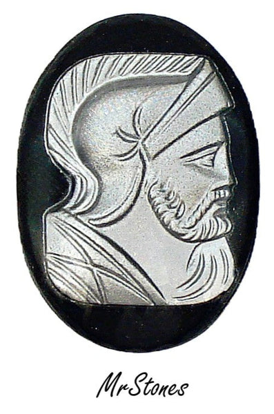 25x18mm Silver Warrior Cameo Intaglio on Black Oval Cabochon Right Facing