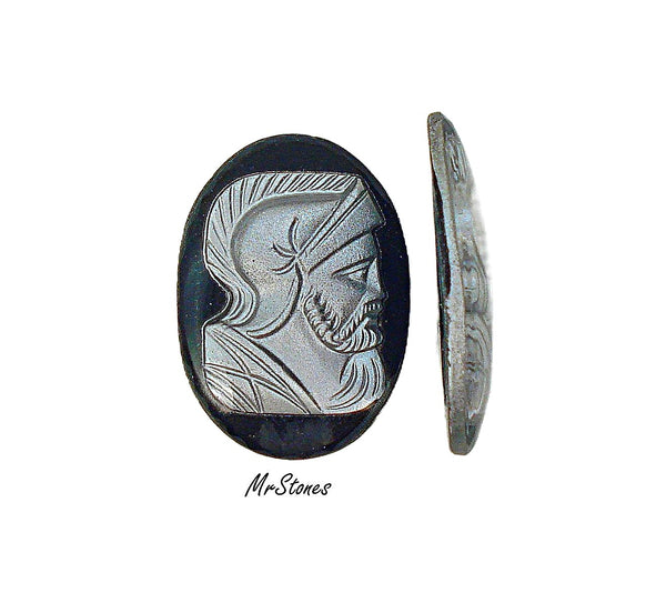 25x18mm Silver Warrior Cameo Intaglio on Black Oval Cabochon Right Facing
