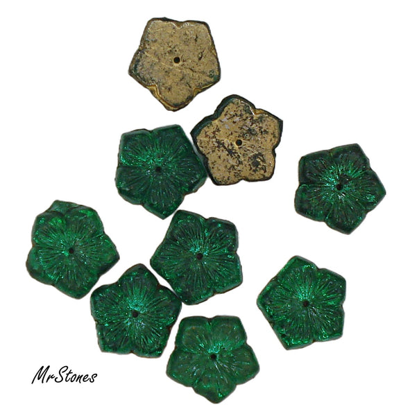 12-13mm Emerald Green 5 Petal Flower Flatback Center Bead Hole