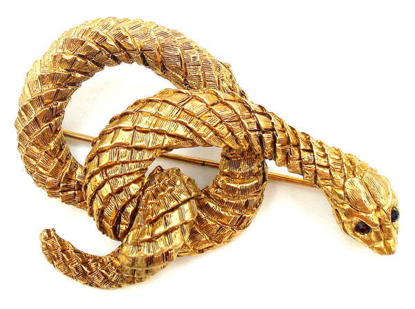 2.5" Brooch Textured Scaled Gold Tone Coiled Snake Garnet Red Eyes