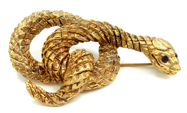 2.5" Brooch Textured Scaled Gold Tone Coiled Snake Garnet Red Eyes