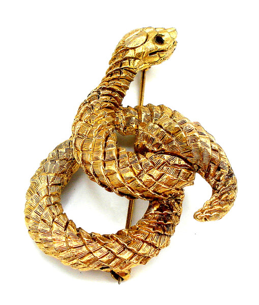 2.5" Brooch Textured Scaled Gold Tone Coiled Snake Garnet Red Eyes