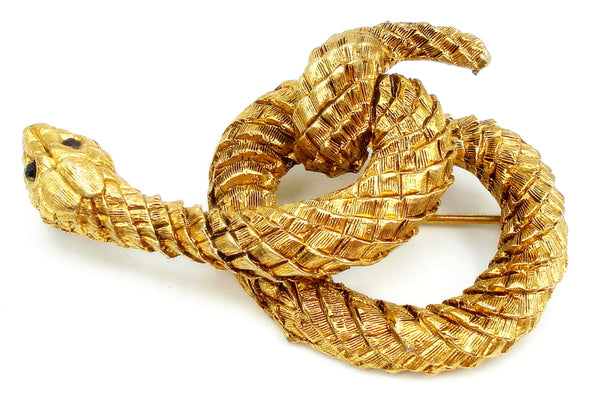 2.5" Brooch Textured Scaled Gold Tone Coiled Snake Garnet Red Eyes