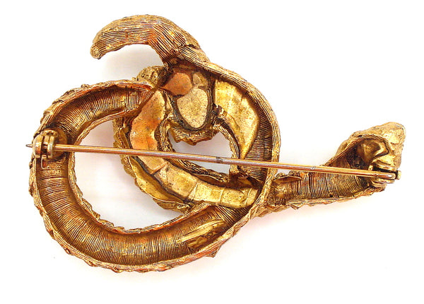 2.5" Brooch Textured Scaled Gold Tone Coiled Snake Garnet Red Eyes