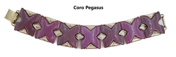 Coro Pegasus Chunky Bracelet Plum Purple X Lucite Stones Gold Tone