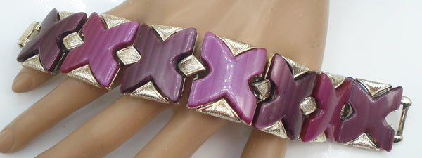 Coro Pegasus Chunky Bracelet Plum Purple X Lucite Stones Gold Tone