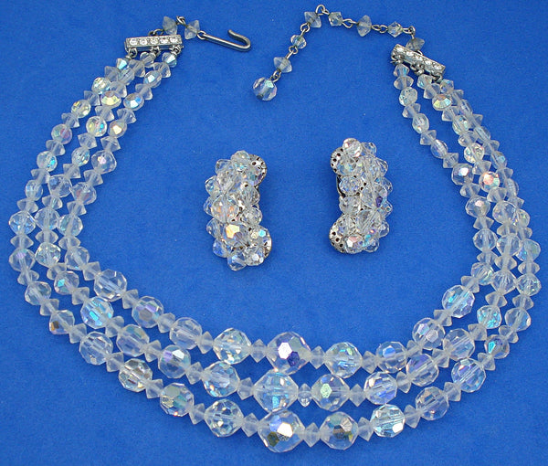 3 Strand Crystal AB Beaded Necklace and Earrings