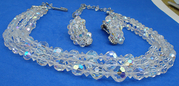 3 Strand Crystal AB Beaded Necklace and Earrings