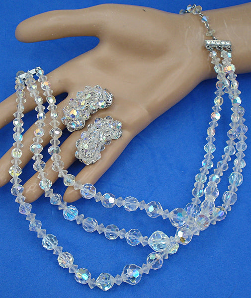 3 Strand Crystal AB Beaded Necklace and Earrings