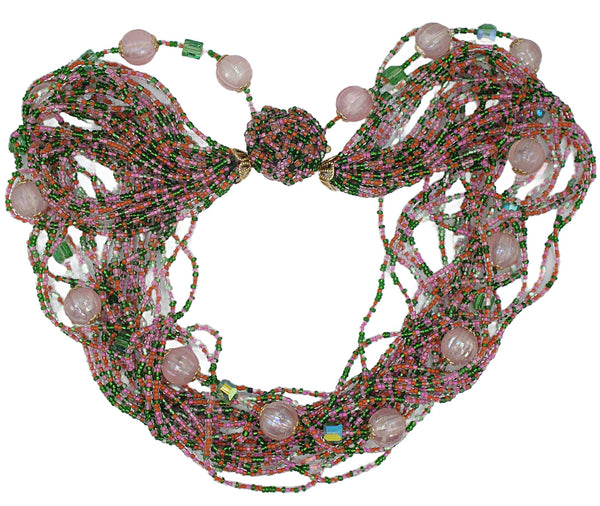 Japan Multi Strand Pink Green Seed Bead Necklace