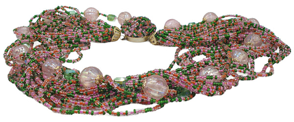 Japan Multi Strand Pink Green Seed Bead Necklace