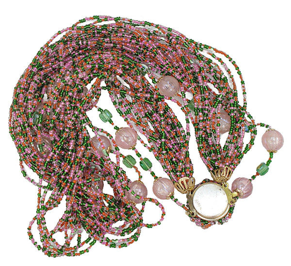Japan Multi Strand Pink Green Seed Bead Necklace