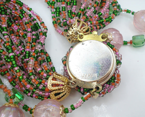 Japan Multi Strand Pink Green Seed Bead Necklace