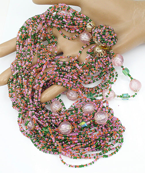 Japan Multi Strand Pink Green Seed Bead Necklace