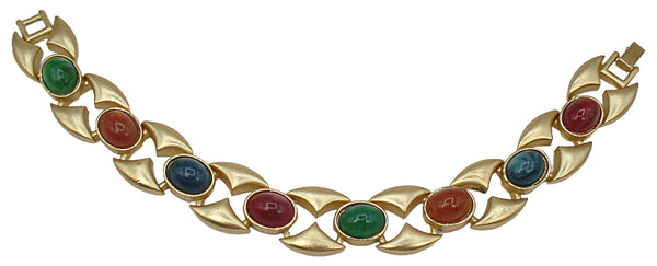 Vintage Bracelet Gold Tone Satin Finish Multi Oval Flawed Glass Cabochons