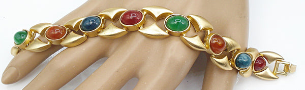 Vintage Bracelet Gold Tone Satin Finish Multi Oval Flawed Glass Cabochons