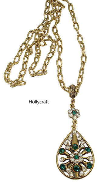 Hollycraft Pendant Necklace Gold Tone Emerald Crystal Rhinestones