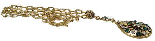 Hollycraft Pendant Necklace Gold Tone Emerald Crystal Rhinestones