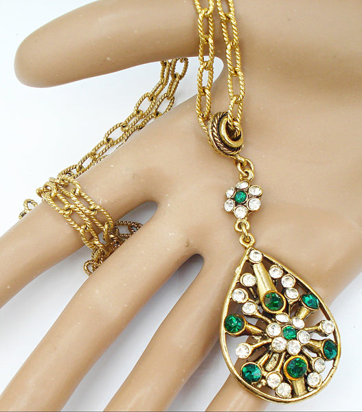 Hollycraft Pendant Necklace Gold Tone Emerald Crystal Rhinestones