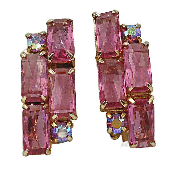 Vintage 1" Clip on Earrings Gold Tone Fancy Cut Rose Pink Rhinestones