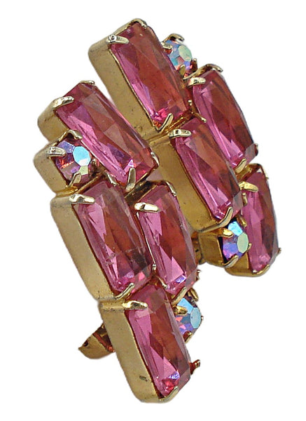 Vintage 1" Clip on Earrings Gold Tone Fancy Cut Rose Pink Rhinestones