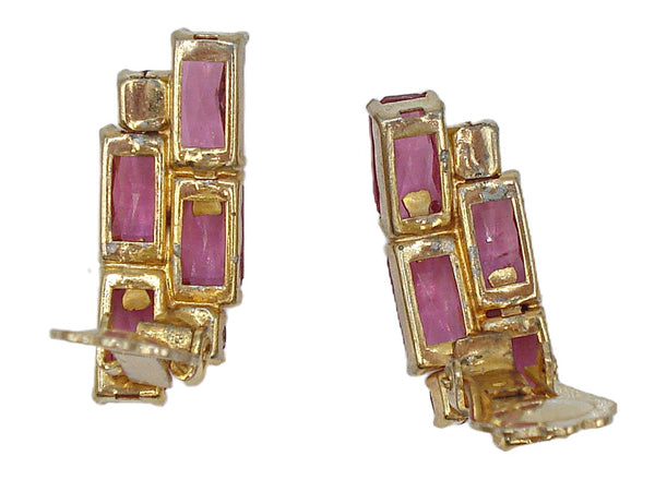 Vintage 1" Clip on Earrings Gold Tone Fancy Cut Rose Pink Rhinestones
