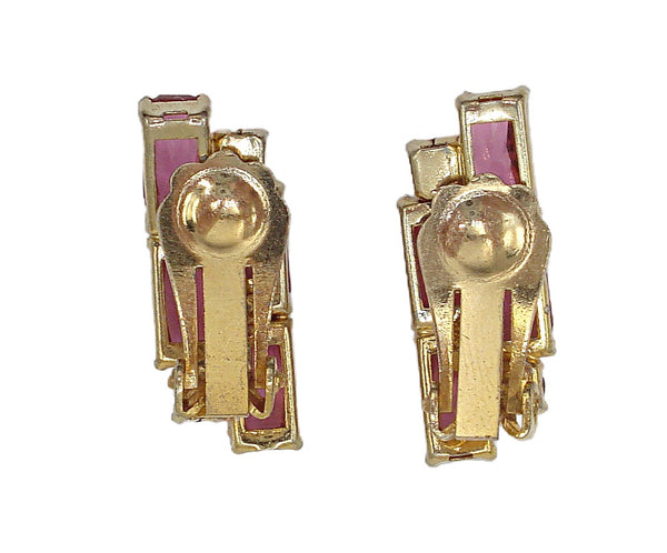 Vintage 1" Clip on Earrings Gold Tone Fancy Cut Rose Pink Rhinestones