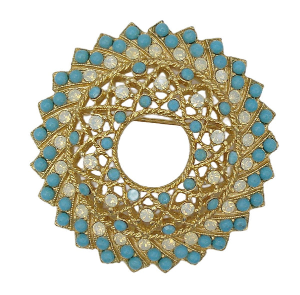 1970 Sarah Coventry "Aquarius" Wreath Brooch Gold Tone White Opal Turq. Balls