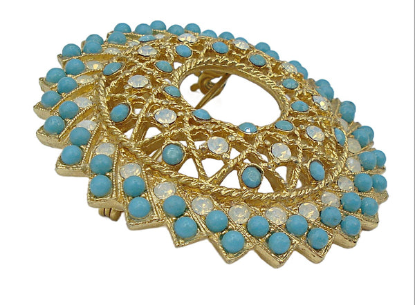 1970 Sarah Coventry "Aquarius" Wreath Brooch Gold Tone White Opal Turq. Balls