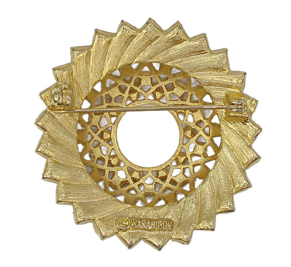 1970 Sarah Coventry "Aquarius" Wreath Brooch Gold Tone White Opal Turq. Balls