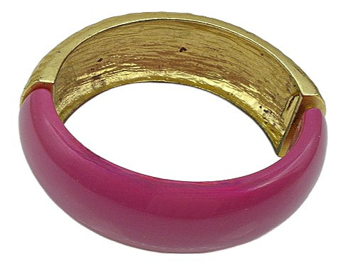 Vintage Clamper Bracelet Golden Hammered Hot Pink Lucite