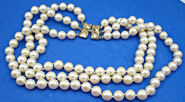 Vintage Monet 3 Knotted Strands Necklace Glass 9mm Creme Pearls Gold Tone Clasp