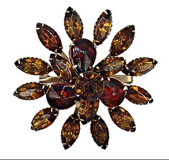 Vintage Flower Brooch Smoked Topaz Siam Rhinestones 2.5"