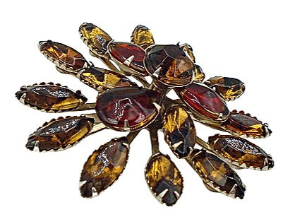 Vintage Flower Brooch Smoked Topaz Siam Rhinestones 2.5"