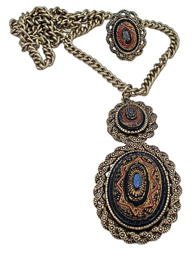 Vintage 1975 Old Vienna Set Mosaic Necklack Ring Brooch Dangle Sarah Coventry