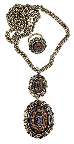 Vintage 1975 Old Vienna Set Mosaic Necklack Ring Brooch Dangle Sarah Coventry
