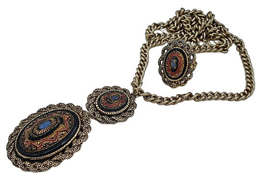 Vintage 1975 Old Vienna Set Mosaic Necklack Ring Brooch Dangle Sarah Coventry
