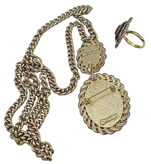 Vintage 1975 Old Vienna Set Mosaic Necklack Ring Brooch Dangle Sarah Coventry