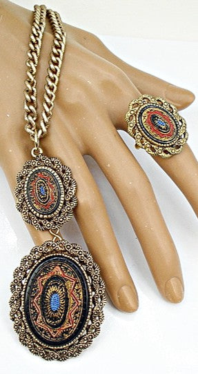 Vintage 1975 Old Vienna Set Mosaic Necklack Ring Brooch Dangle Sarah Coventry