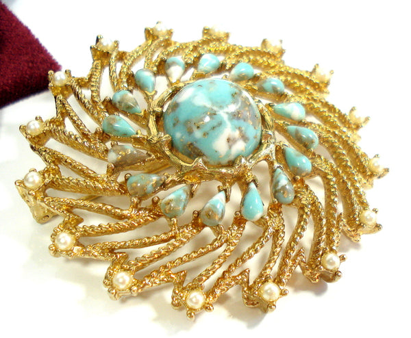 Sarah Coventry "Azure Skies" Brooch Turquoise Matrix Faux Pearls 2 1/4"